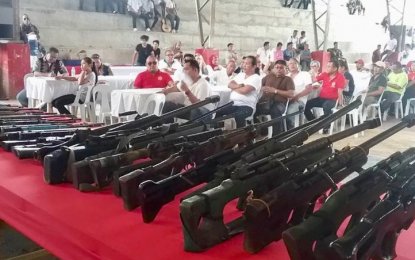 <p>FIREARMS SURRENDER. Photo shows 35 firearms surrendered under the Balik Baril program in Pagalungan, Maguindanao, on Monday (March 26). On same day, two other towns in the province, those of Datu Montawal and Mamasapano, also surrendered 45 and 25 firearms, respectively. (Photo courtesy of Jess Ali – RMN Cotabato)</p>
